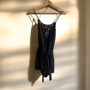 EUC [BCBGMaxAzria] Beaded Little Black Strappy Embellished Romper + Jewels | XS